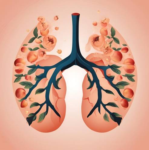개복숭아와 건강한 폐를 나란히 보여주는 일러스트레이션. 개복숭아에서 폐로 향하는 화살표로 그 효과를 시각화하고 있습니다.