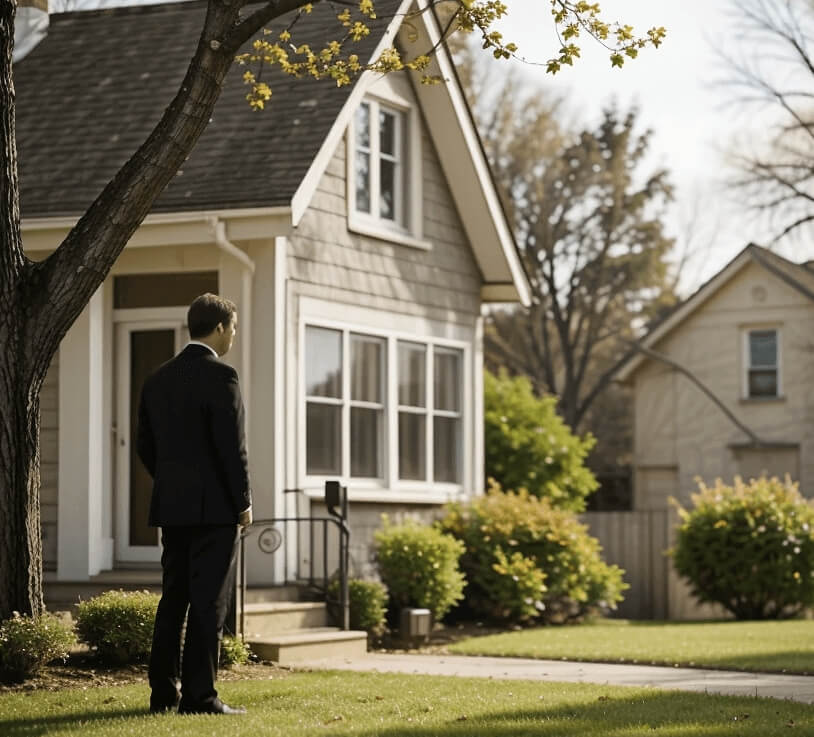 이혼한 남성이 집마당을 보면서 뭔가 생각한다