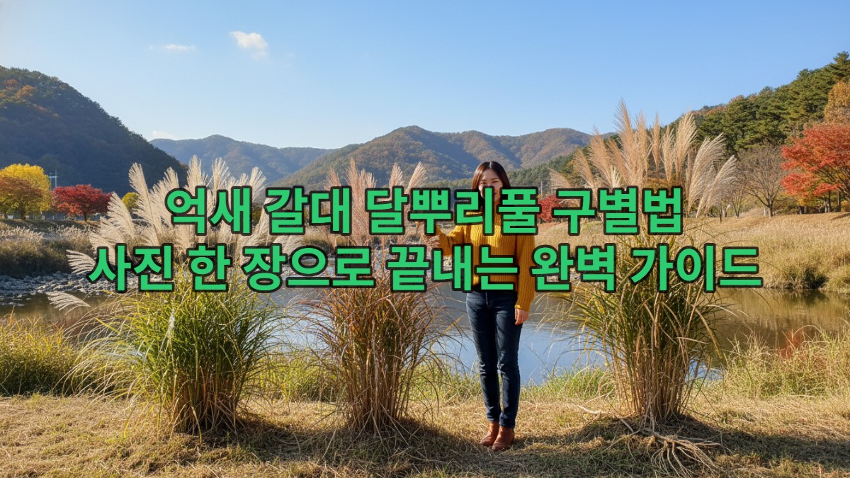 가을 한국의 산과 물가를 배경으로 억새, 갈대, 달뿌리풀 세 식물이 나란히 있는 풍경. 한 한국인 여성이 식물을 가리키며 각각의 특징을 비교하고 있다.