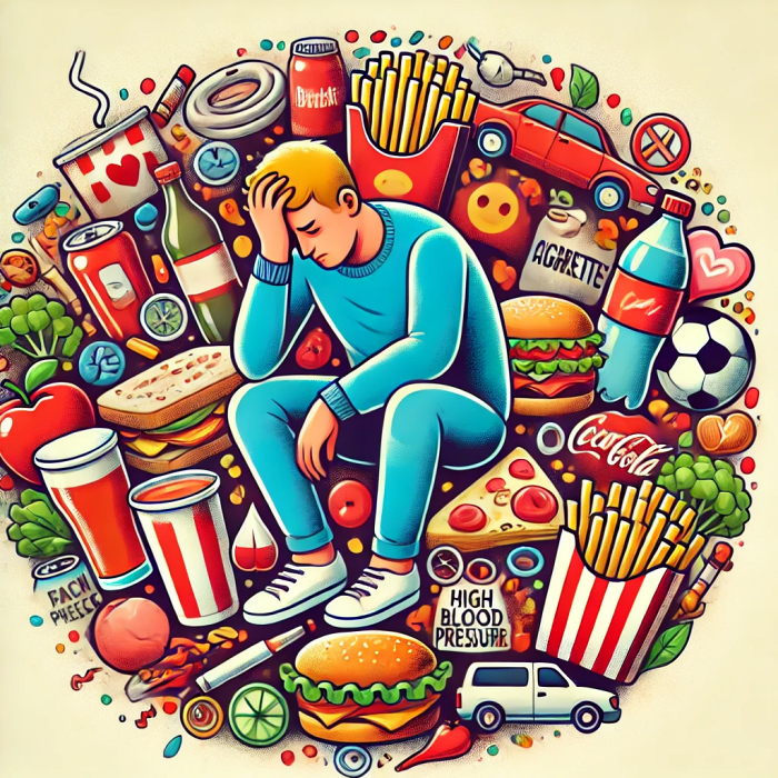 고혈압의 주요 원인을 나타내는 이미지, 패스트푸드, 흡연, 음주 등 스트레스를 상징하는 요소 포함.