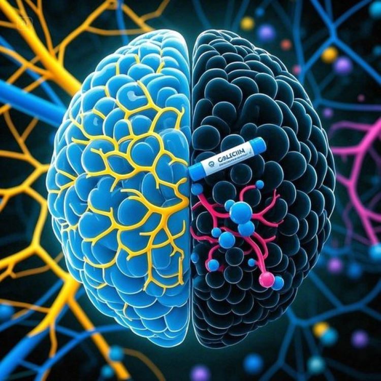 뇌의 신경 네트워크와 인슐린 분자가 복잡하게 얽혀있는 의학적 일러스트레이션. 한쪽은 건강한 뇌의 밝은 신경 연결을, 다른 쪽은 인슐린 저항성으로 어둡게 변한 뇌 부분을 대비시켜 표현. 중앙에는 인슐린 분자 구조와 포도당 분자들이 뇌 혈관을 통해 이동하는 모습을 3D 렌더링으로 시각화. 전체적으로 의학 교육용 자료 느낌의 전문적이고 과학적인 이미지.