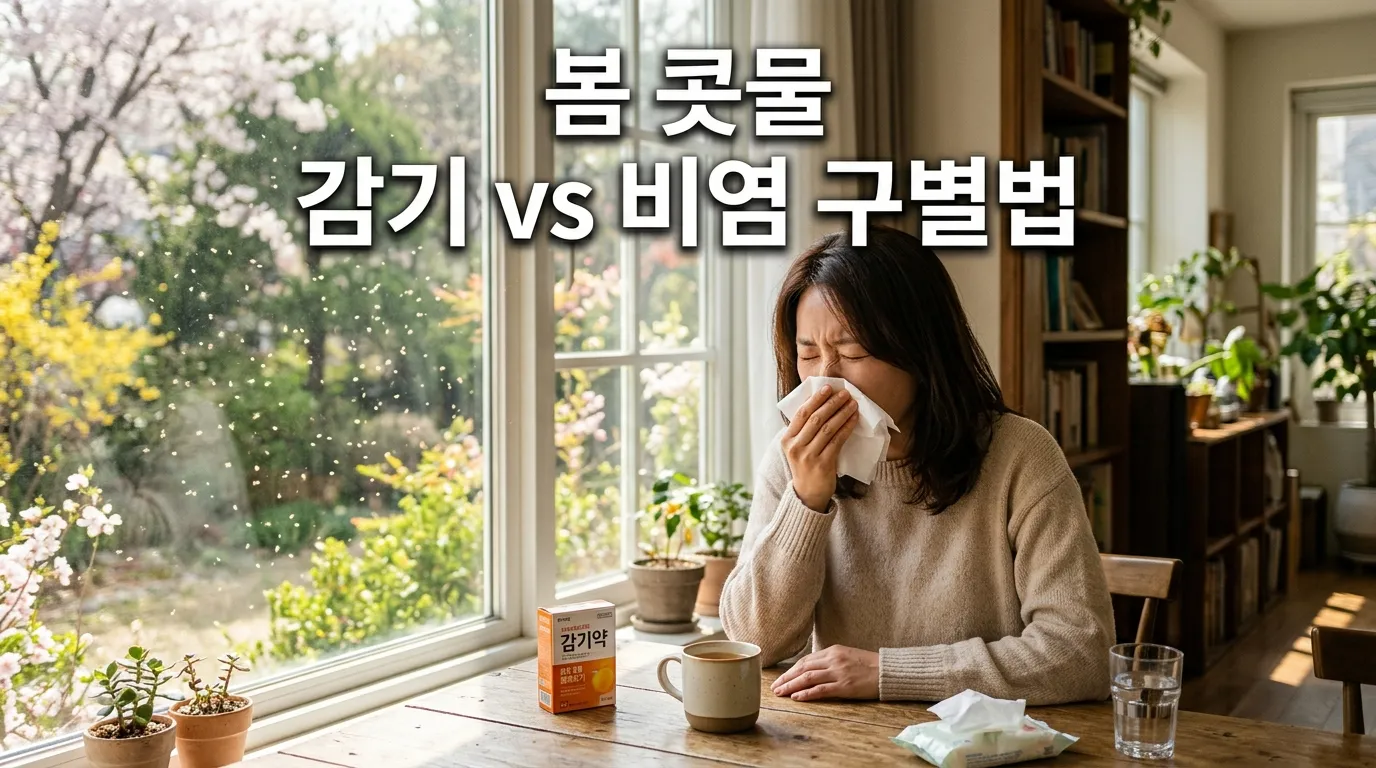 봄 창가에서 휴지를 들고 재채기하는 여성