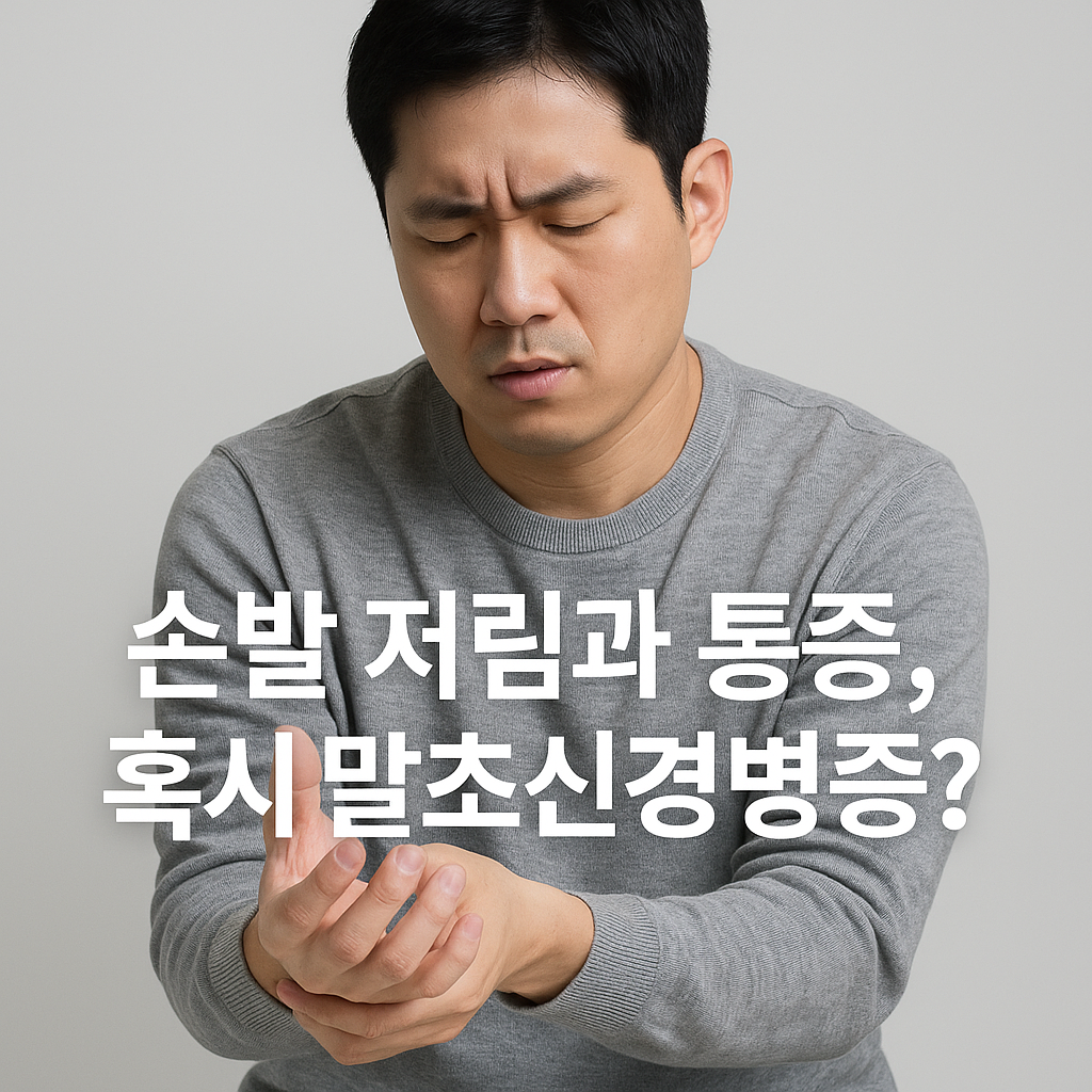 회색 배경 앞에서 손의 저림과 통증을 느끼는 듯한 표정으로 자신의 손목을 감싸 쥐고 있는 한국인 남성의 실사 사진. 하단에는 &lsquo;손발 저림과 통증, 혹시 말초신경병증?&rsquo;이라는 한국어 문구가 선명하게 표시된 건강 경고 이미지.