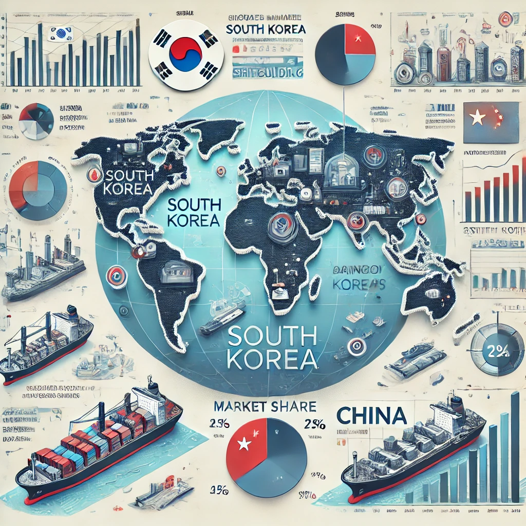한국과 중국의 조선업 글로벌 시장 점유율을 표현한 이미지