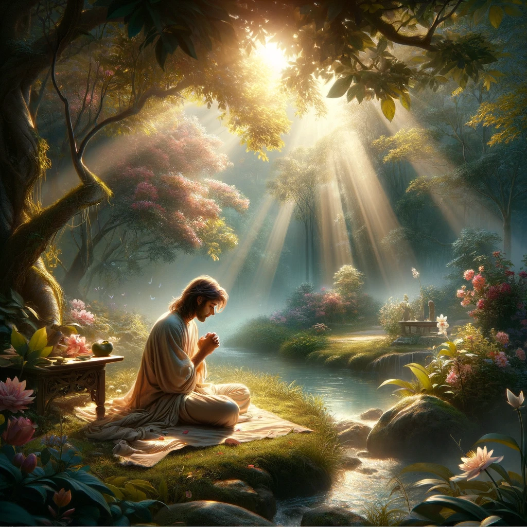 Here's the illustration depicting a special place of prayer where an individual is engaging in personal communion with the Almighty. The scene captures the serenity and spiritual connection in a tranquil outdoor setting.
