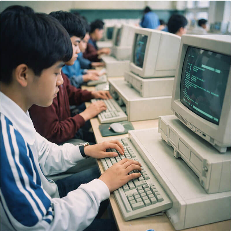 초창기 컴퓨터실에서 학생들이 컴퓨터 실습을 하는 교육 장면