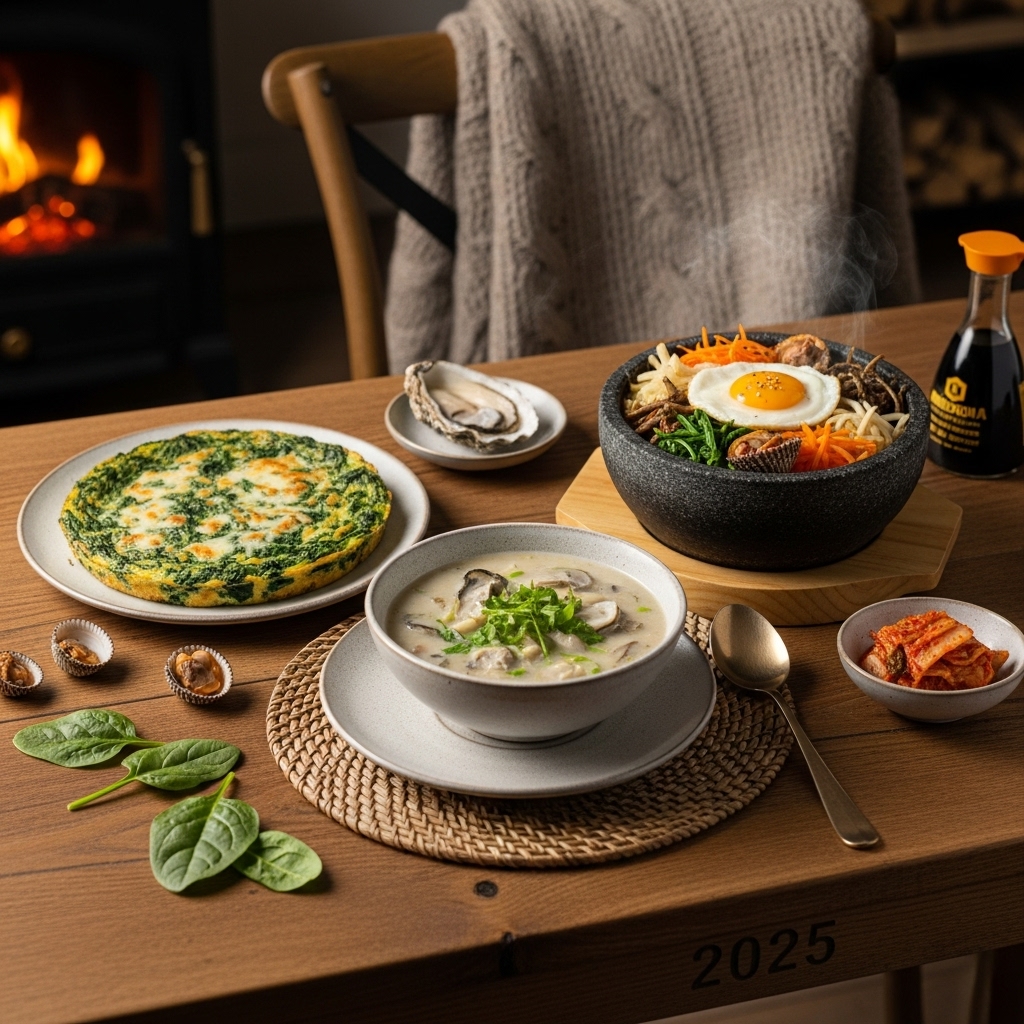 2025년 겨울 제철 식재료인 굴, 시금치, 꼬막으로 만든 따뜻한 굴국밥, 시금치 프리타타, 꼬막 비빔밥이 차려진 아늑한 겨울 식탁.