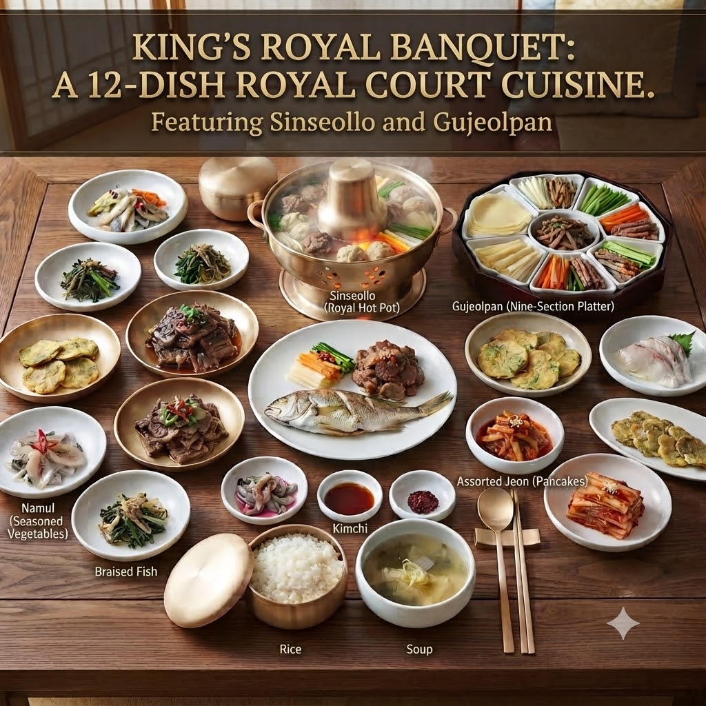 An illustrated diagram showing the traditional layout and placement of a Joseon Dynasty royal 12-cheop bansang (royal dining table). It clearly displays the positions of rice, soup, utensils, and 12 side dishes including grilled dishes, jeon (pancakes), japchae, raw fish, and sinseollo with numbered labels.