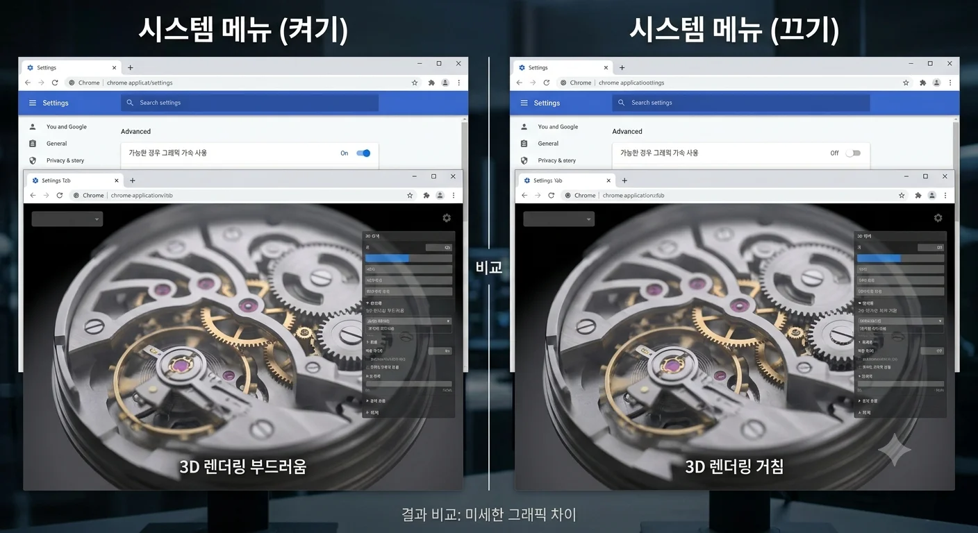 크롬 시스템 설정 가능한 경우 그래픽 가속 하드웨어 가속 사용 활성화 화면