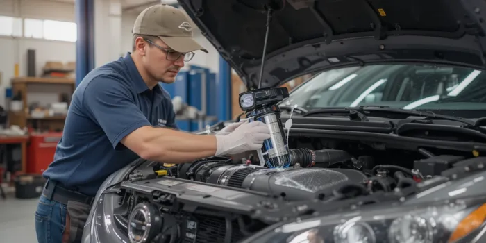 정비소에서 에어컨 내부 청소 중인 정비사