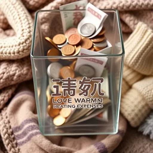 '사랑온난방비' 로고가 새겨진 투명한 모금함에 다양한 종류의 동전과 지폐가 채워지고 있는 모습입니다. 주변에는 겨울용 목도리, 털장갑 등 따뜻한 느낌의 소품들이 놓여 있습니다.