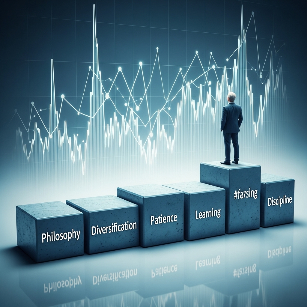 투자의 본질을 상징하는 다섯 가지 원칙 위에 굳건히 서 있는 현명한 사람의 모습. 주변에는 요동치는 시장 차트가 보이지만 흔들림 없습니다.