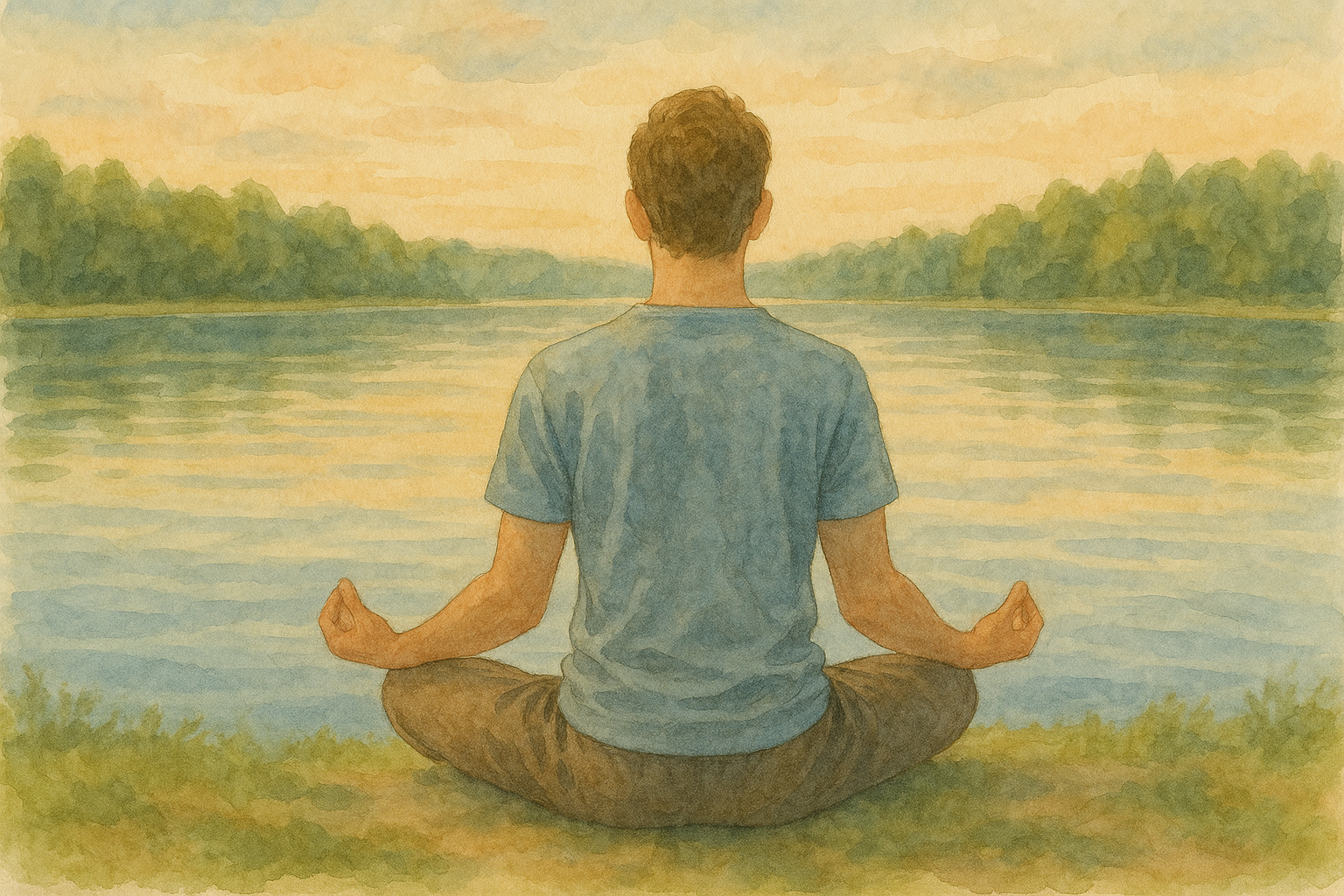호수 옆 명상의 평화로운 순간