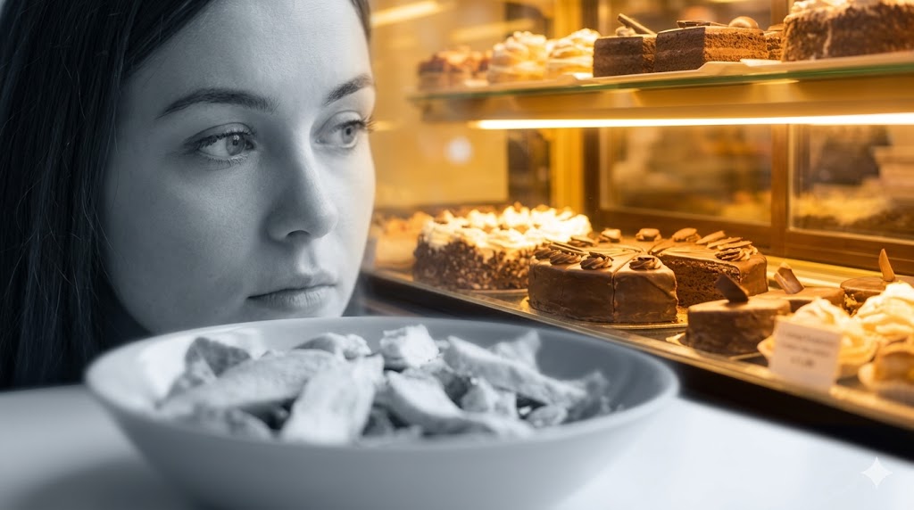 "다이어트 중인 여성의 시점에서 바라본 풍경입니다. 흐릿한 전경에는 소박한 닭가슴살 샐러드 볼이 놓여 있고, 여성의 시선은 그 너머 따뜻하고 화려한 조명이 비추는 빵집 쇼케이스 속 초콜릿 케이크와 빵들에 고정되어 있습니다. 유혹과 고뇌를 시각적으로 대비시켜 보여줍니다."
