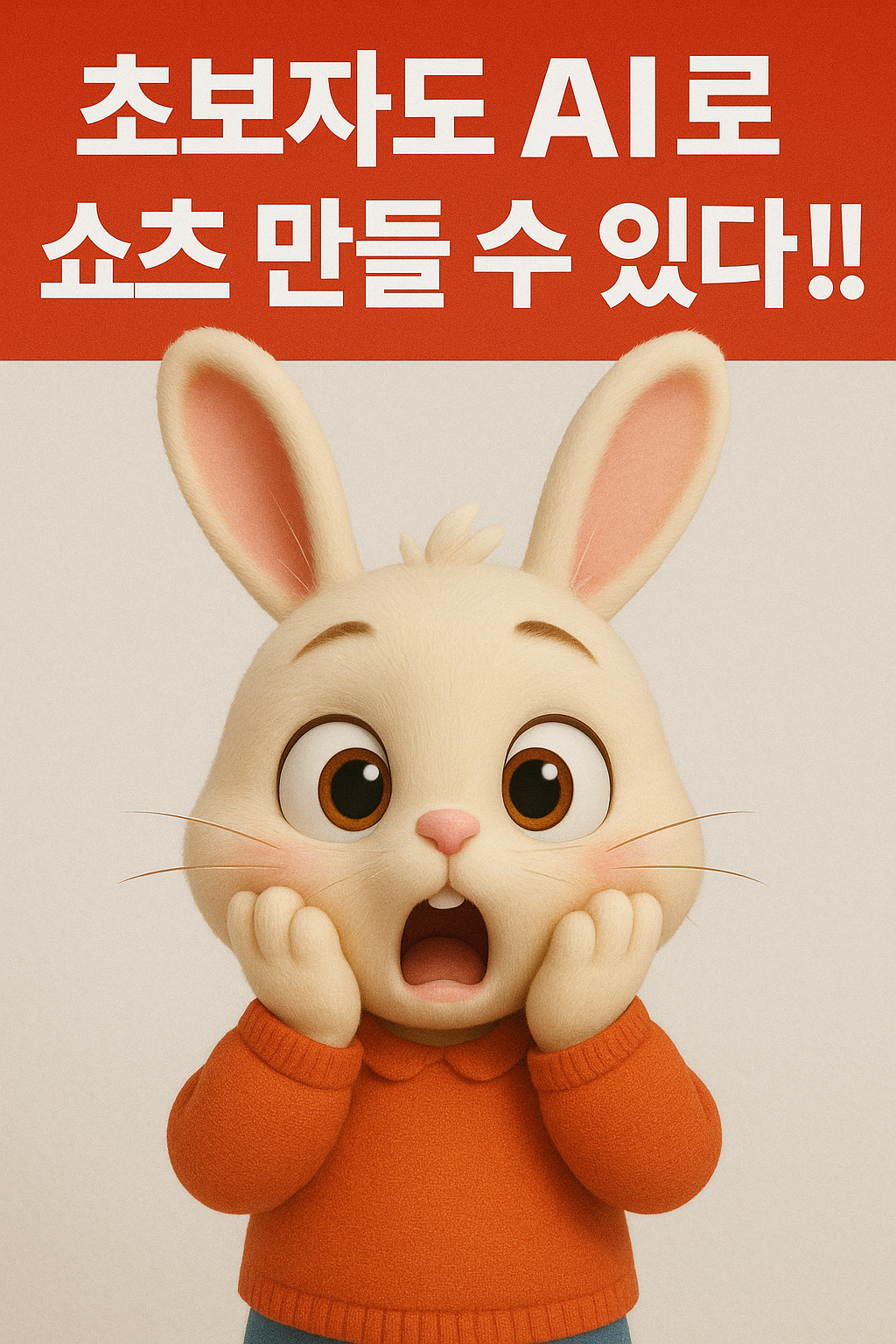 "초보자도 AI로 쇼츠 만들수 있다"문구와 놀라는 토끼 모습
