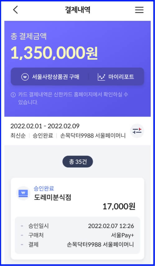 서울페이머니 결제 내역 화면