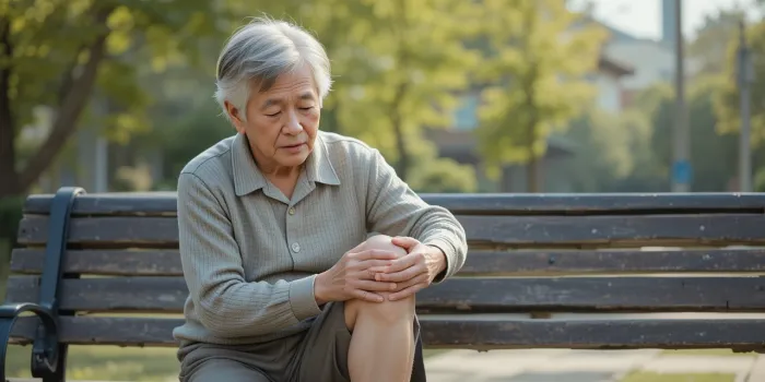 벤치에 앉아 무릎을 문지르는 노인