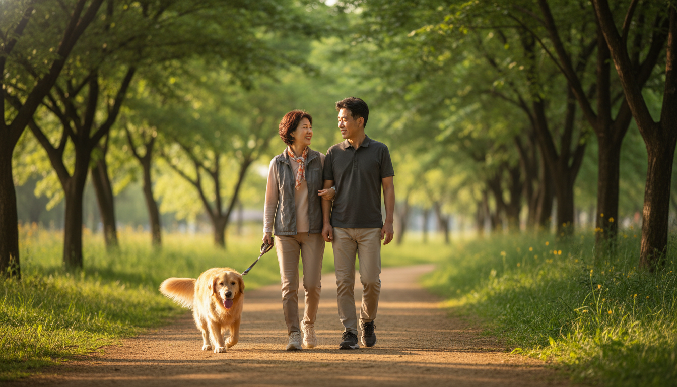 초록빛이 우거진 공원에서 골든 리트리버를 산책시키며 서로를 바라보고 미소 짓는 50대 후반의 한국인 중년 부부. 편안한 아웃도어 복장, 따뜻한 오후 햇살.