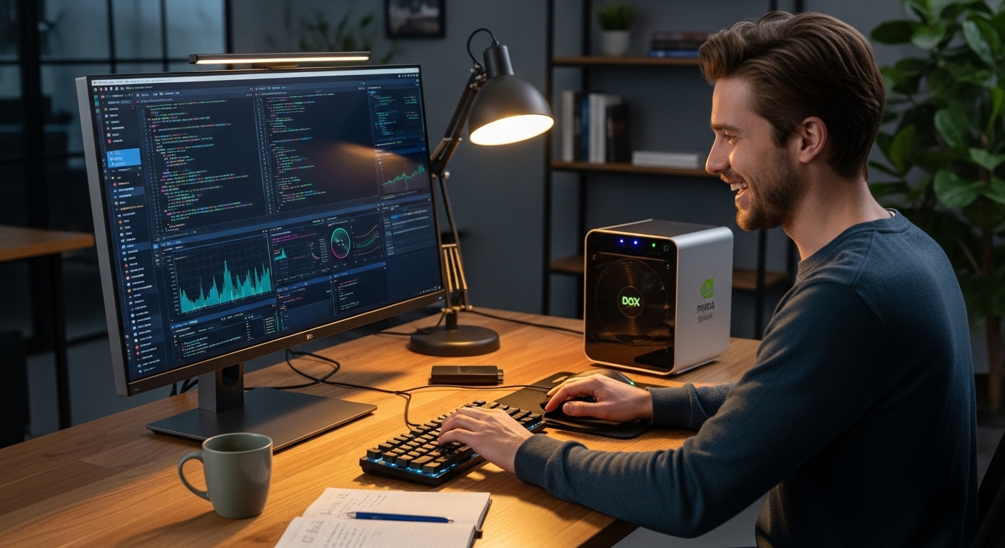 DGX Spark를 활용하여 AI 개발에 몰두하는 개발자의 모습. 혁신적인 AI 개발 환경을 상징합니다.