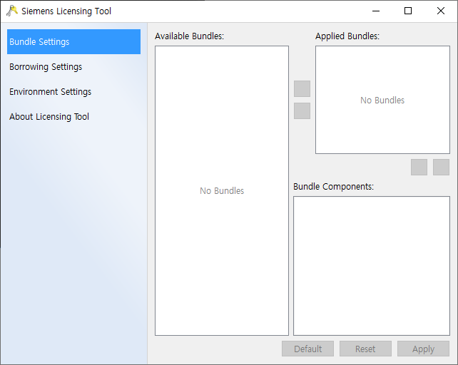 Siemens NX Licensing Tool에서 Bundle Settings로 번들 선택 및 적용하는 화면