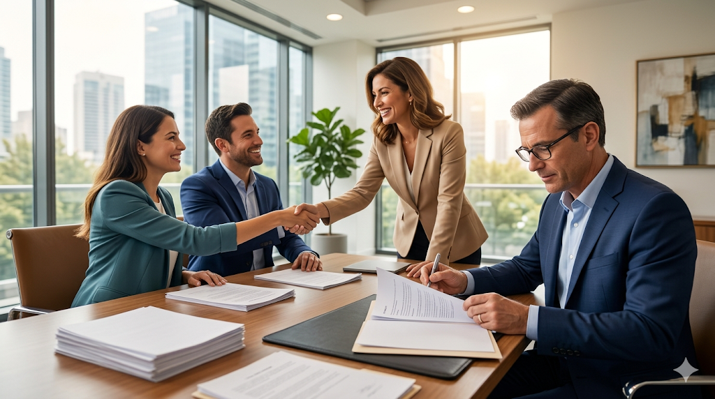 공인중개사와 안전하게 부동산 계약을 완료하는 장면