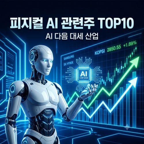 피지컬 AI 관련주 TOP10과 AI 반도체&middot;휴머노이드&middot;로봇 산업을 표현한 썸네일 이미지