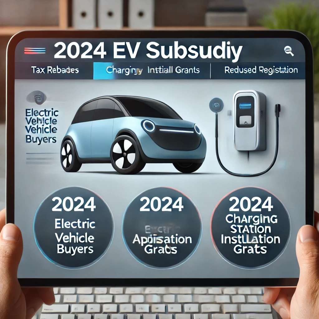 정부 웹사이트에서 '2024 EV 보조금 신청' 페이지가 표시된 화면. 전기차 구매자를 위한 세금 환급, 충전소 설치 보조금, 차량 등록비 인하 등의 옵션이 보인다.