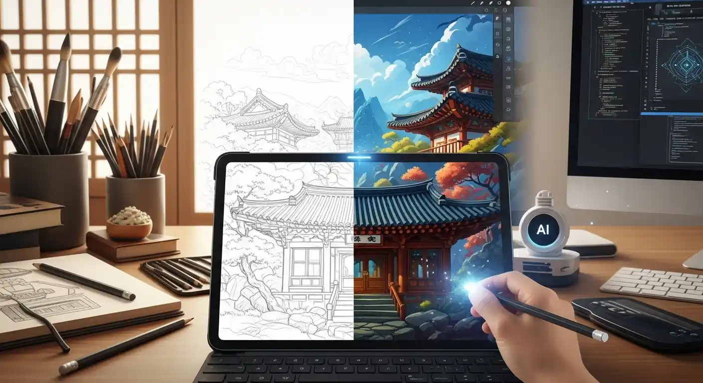 <img src="hand_drawings_reinterpreted_by_ai_technology.webp" alt="손그림이 AI 기술로 디지털 예술로 재탄생하는 장면을 표현한 이미지 입니다">