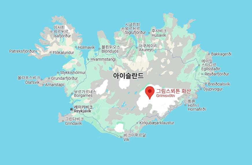 그림스뵈튼 화산의 위치를 알 수 있는 지도