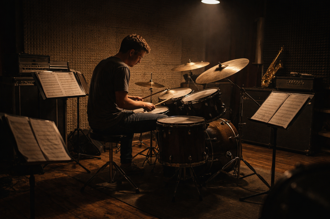 어두운 연습실에서 한 드러머가 드럼 세트 앞에 앉아 긴장한 채 연주를 준비하는 장면