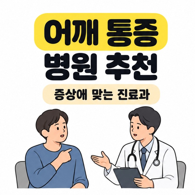 어깨 통증 병원 추천이라는 제목 아래 환자가 자신의 어깨를 가리키며 의사와 진료과 선택을 상담하는 그림
