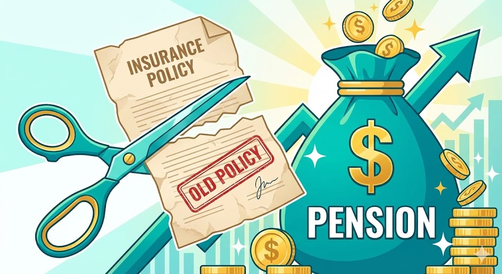 가위로 불필요한 보험 증권을 과감하게 자르자, 그 틈에서 노후 연금 주머니가 커지는 상징적인 일러스트