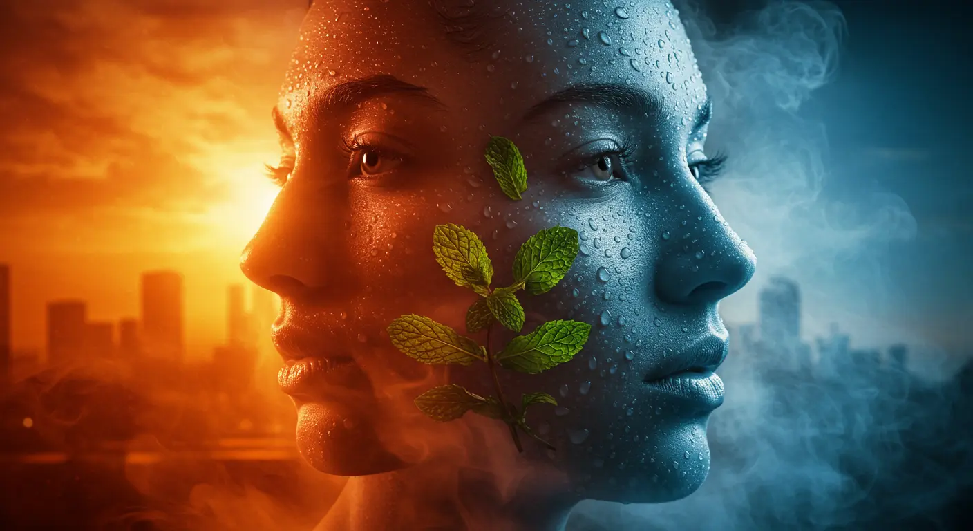 뜨거운 주황색과 시원한 파란색으로 반반 나뉜 사람의 얼굴. 한쪽은 폭염에 지친 표정, 다른 쪽은 물방울과 민트잎으로 시원하고 편안해진 표정을 묘사.