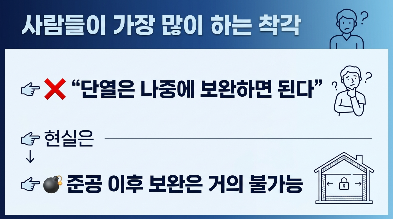 사람들이 많이하는 착각은 단열은 나중에 보완이 된다고 하지만 현실은 거의 불가능함