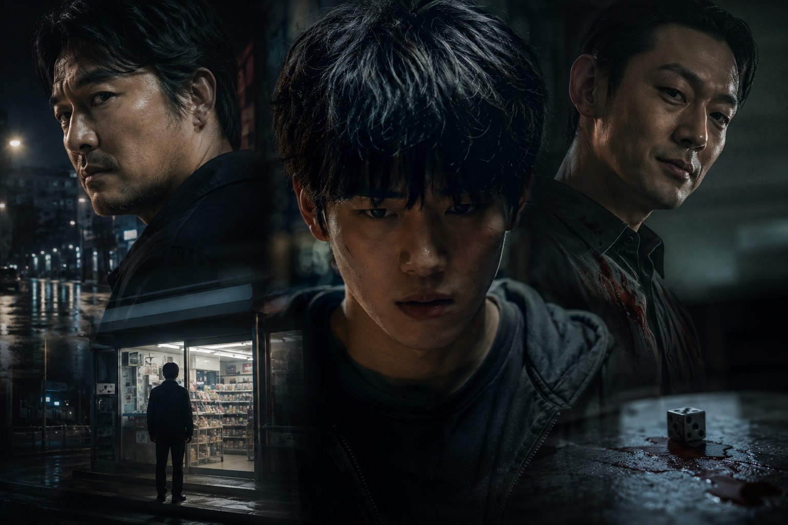 어두운 도시를 배경으로 세 인물의 긴장감과 심리 대립을 표현한 살인자ㅇ난감 분위기 이미지