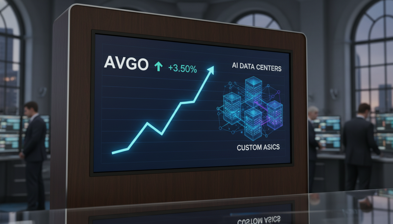 안정적으로 우상향하는 브로드컴(AVGO) 주식 차트와 AI 네트워킹 데이터 센터 기술을 나타내는 그래픽