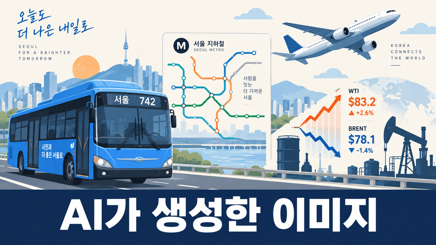 서울 시내버스, 국제유가, 항공 노선을 상징적으로 표현한 AI 생성 아침 뉴스 일러스트