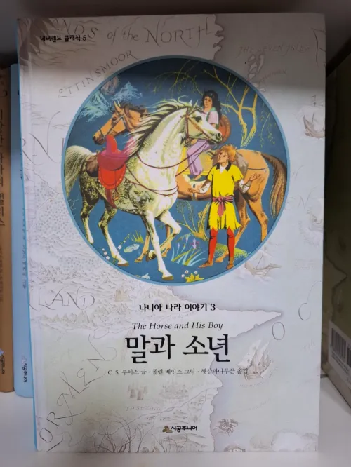 사막의 언덕에서 금빛 햇살을 받으며 북쪽 나니아를 응시하는 소년과 말