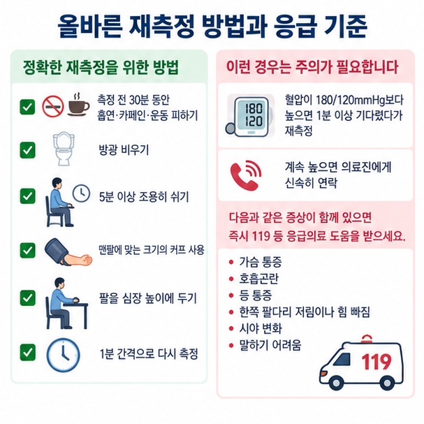 혈압을 올바르게 재측정하고 180에 120 이상과 응급 증상이 있을 때 즉시 도움을 받아야 함을 보여주는 이미지