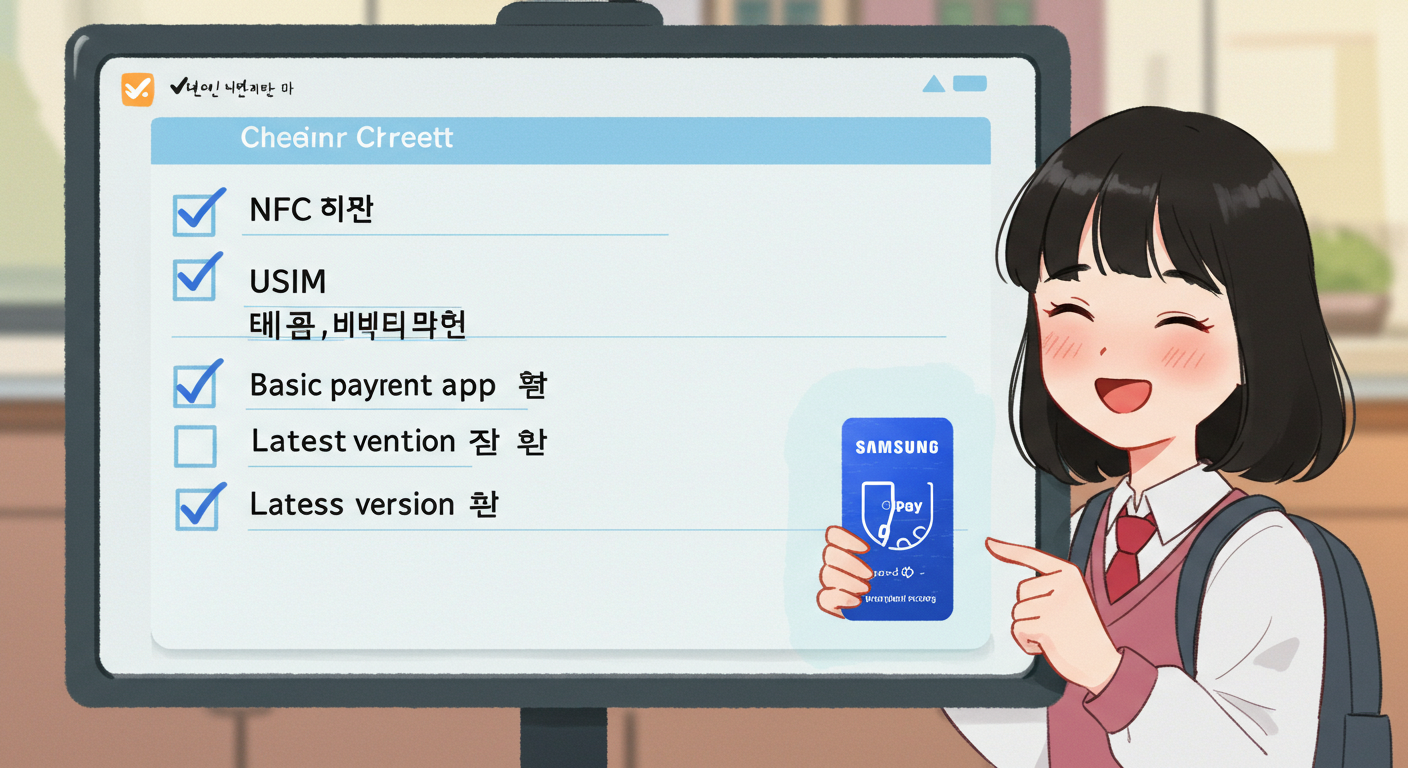 삼성페이 교통카드 오류 점검 체크리스트를 확인하는 학생