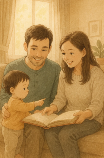 말하지 않고 가리키는 아기와 눈맞춤하며 반응하는 부모의 모습