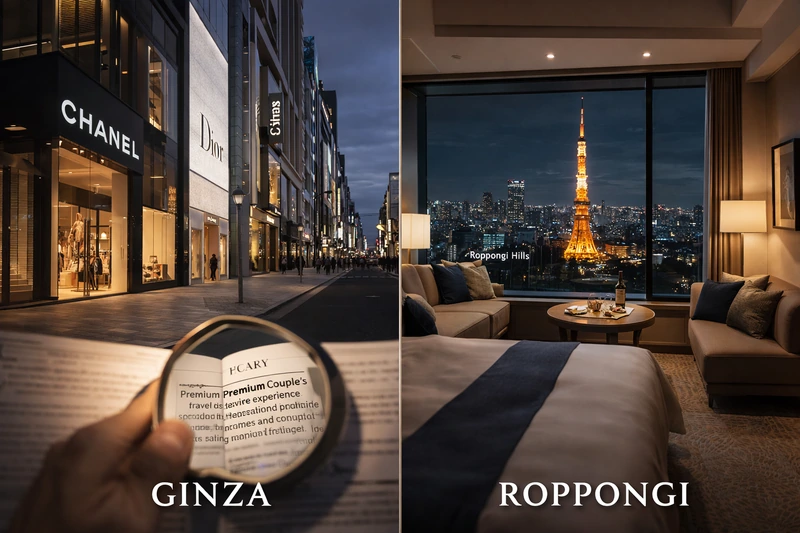 좌우 분할 구도로 도쿄의 프리미엄 커플 여행 분위기를 보여주는 이미지. 왼쪽에는 해질 무렵 샤넬과 디올 같은 명품 매장이 늘어선 긴자의 세련된 거리 풍경이, 오른쪽에는 도쿄타워 야경이 보이는 롯폰기의 고급 호텔 객실 인테리어가 담겨 있다.