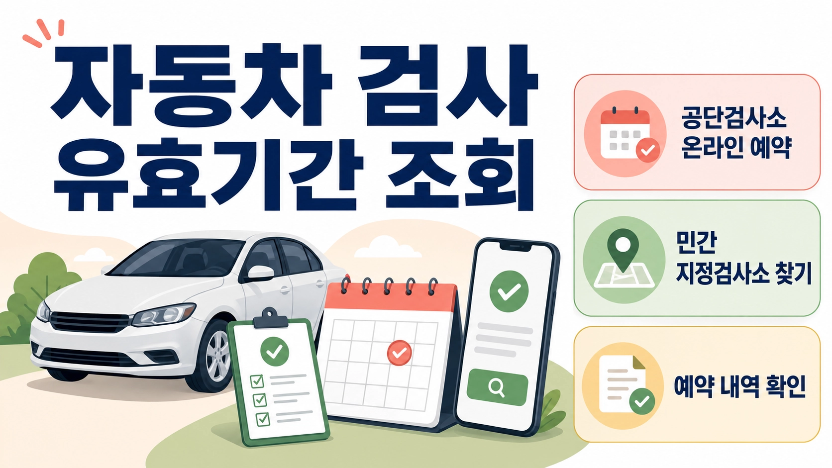 자동차 검사 유효기간 조회부터 검사소 선택과 예약 내역 확인까지 한눈에 보여주는 가로형 안내 이미지