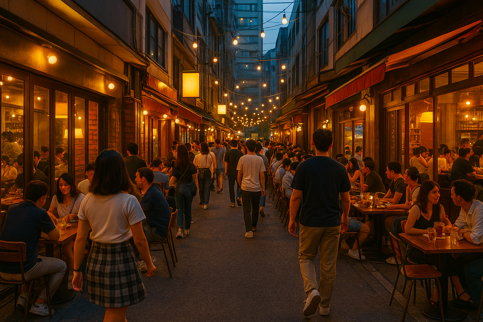 을지로 골목의 저녁 분위기, 북적이는 카페 거리