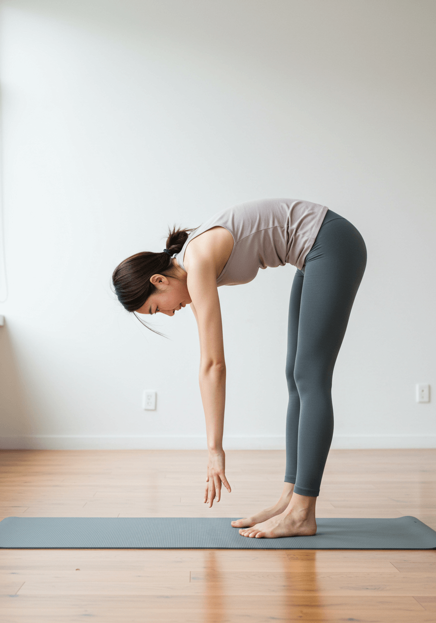 요가 매트 위에서 전굴 자세(Forward Bend Pose)를 취하고 있는 20대 한국 여성, 피로 회복에 좋은 스트레칭 동작