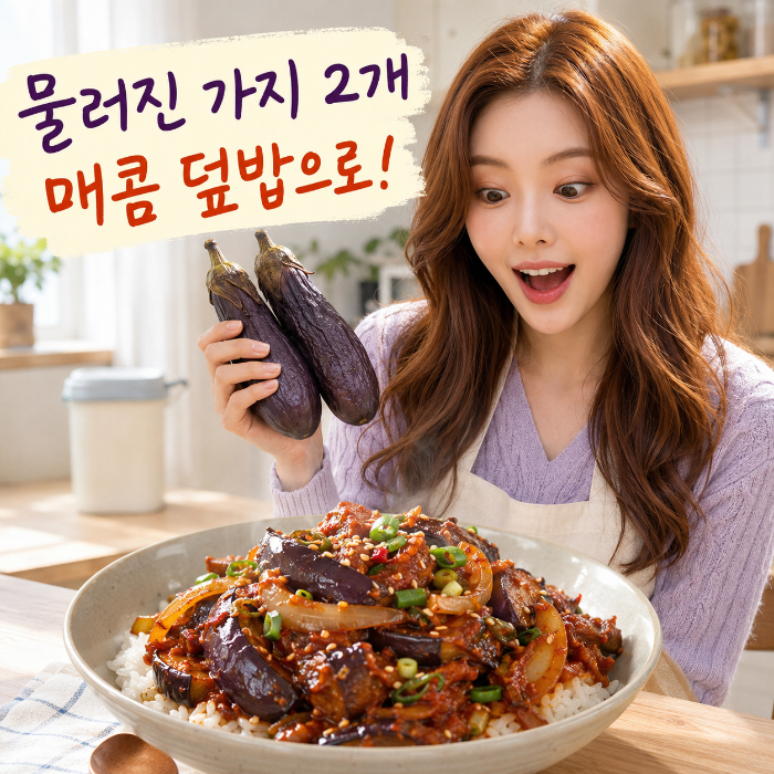 물러진 가지 2개를 활용해 만든 매콤 가지덮밥과 놀란 표정의 여성