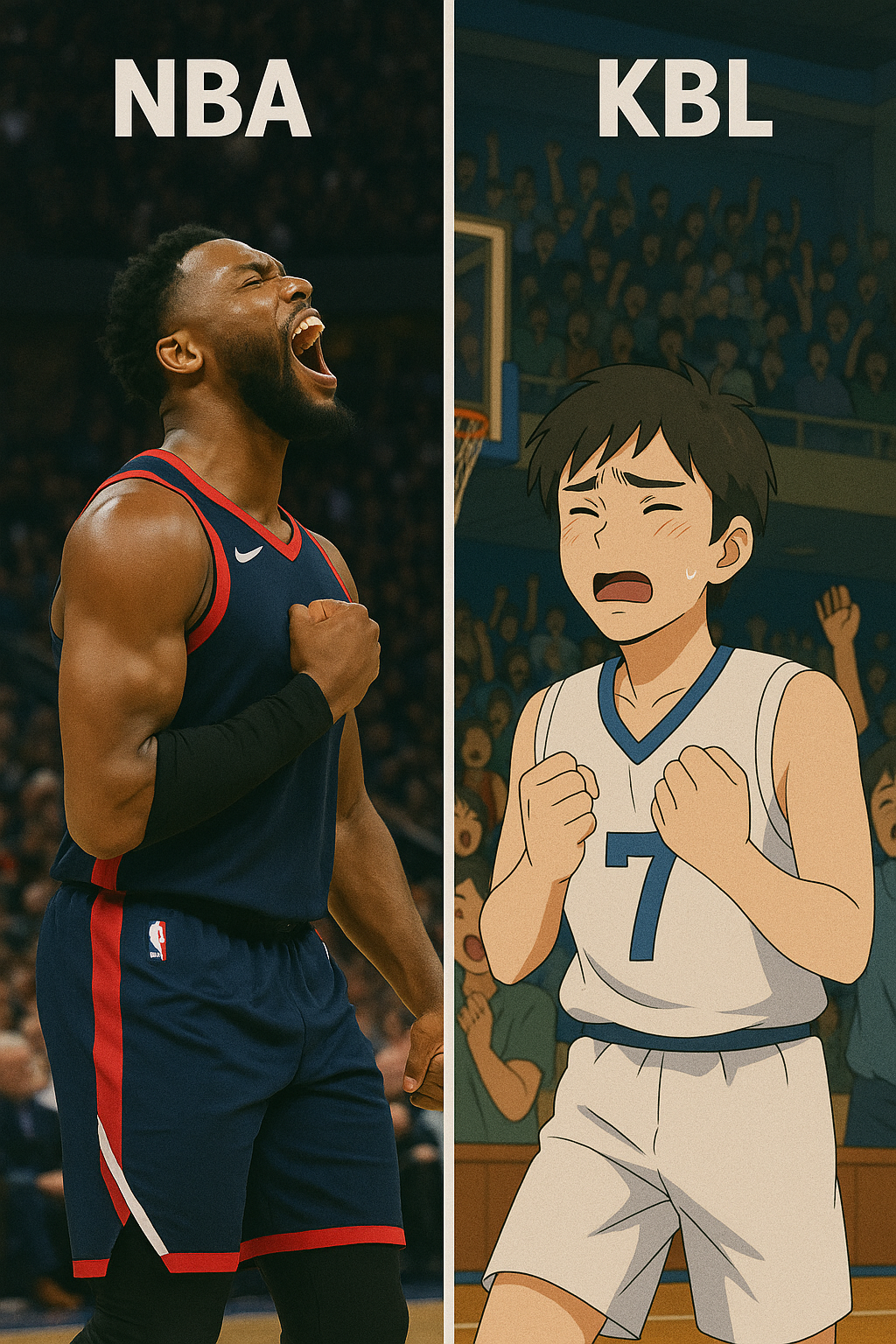 Side-by-side comparison of NBA and KBL basketball players showing contrasting celebration styles, with realistic and anime-inspired visuals
