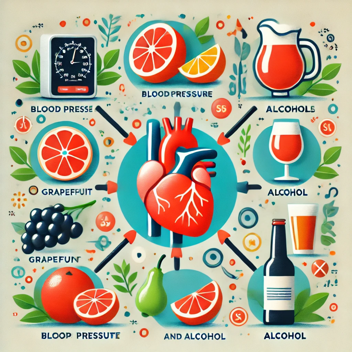 혈압 약물과 상호작용을 피해야 할 특정 음식이나 음료를 묘사한 이미지