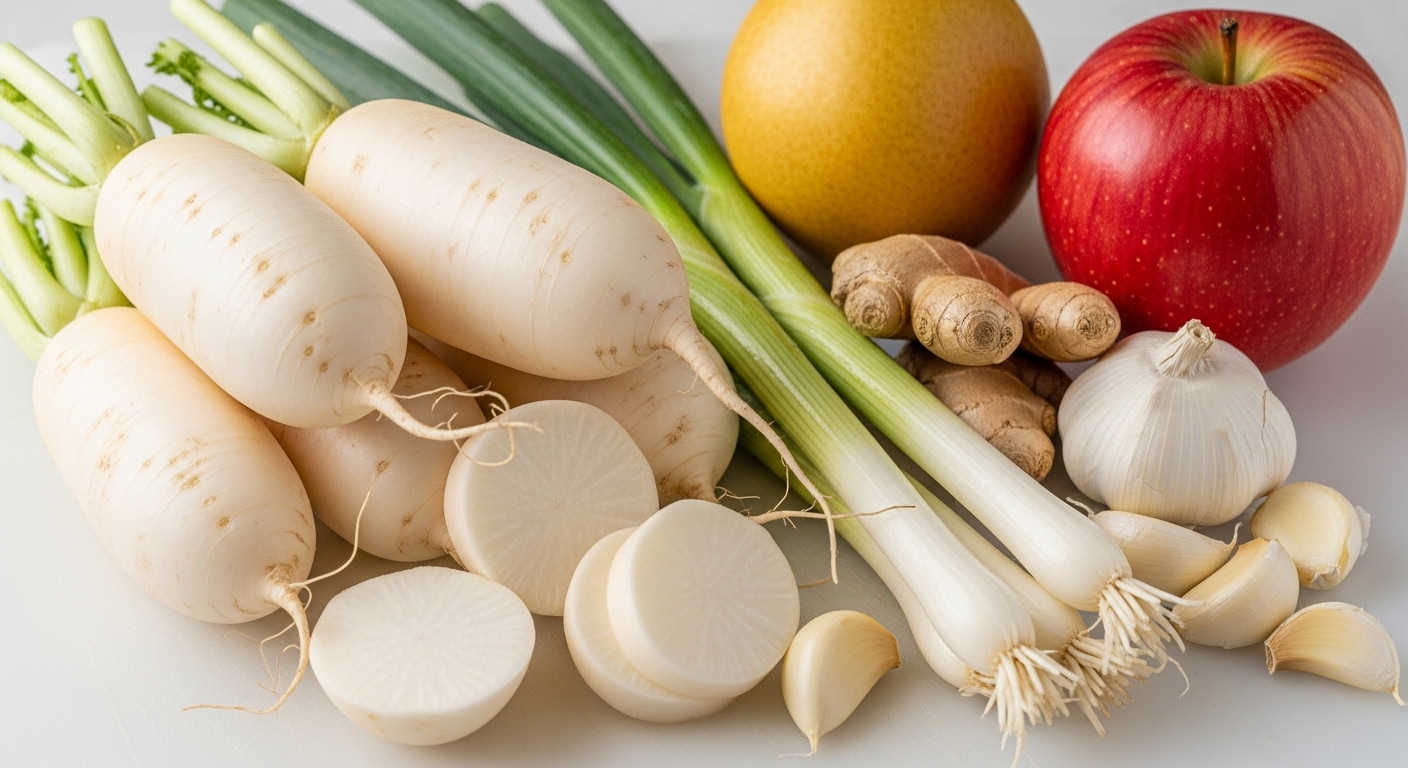 싱싱한 알타리무, 배, 사과, 쪽파, 마늘, 생강 등 동치미 재료들이 깨끗한 도마 위에 놓여 있는 모습.