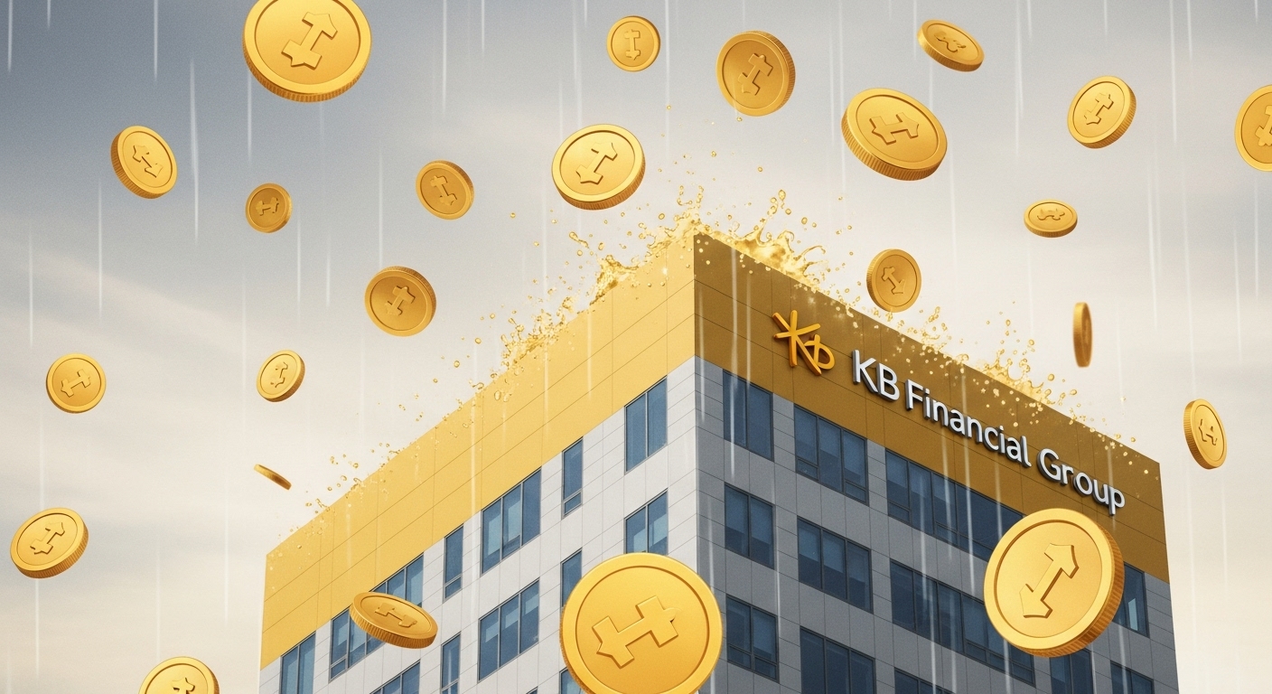 Graphic of dividend coins raining down on a yellowgray toned financial building, representing KB Financial Group.